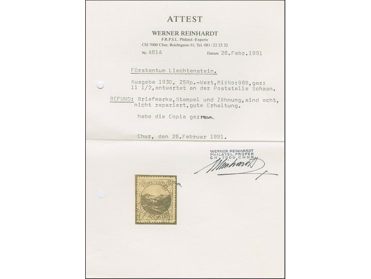 1930, Landschaften 25 Rp grünschwarz, gez. 11½, sauber gestempelt SCHAAN, tadellos. Fotoattest W. Reinhardt (1991)

