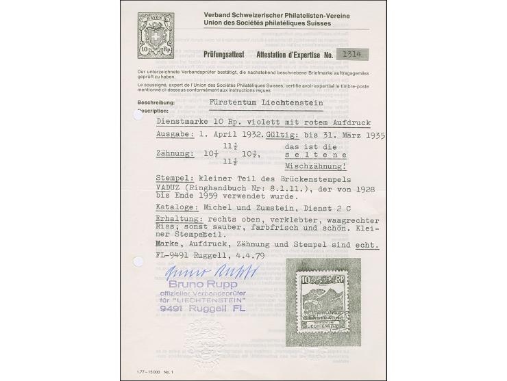 1932, Regierungs / Dienstsache Aufdruckausgabe 10 Rp schwarzviolett in Zähnung 11½ :12½, kleiner Riß oben rechts verklebt, so