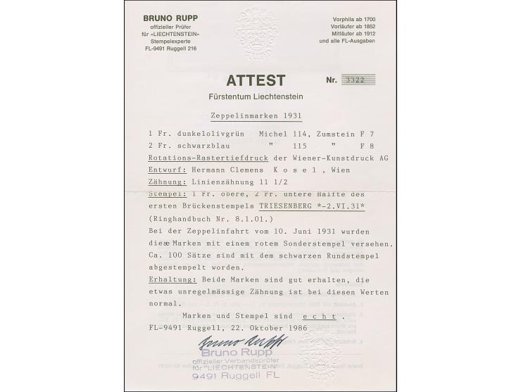 1931, LZ127 Zeppelin 1 Fr und  2 Fr je mit seltenem schwarzem Tagesstempel entwertet. Fotoattest Rupp (1986)
