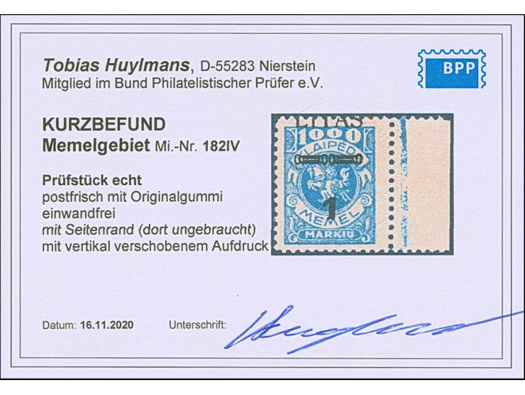 1923, 1 L. a. 1000 M., Aufdruck in Type IV u. stark verschoben, postfrisch, KB Huylmans (Mi. 550,- +)