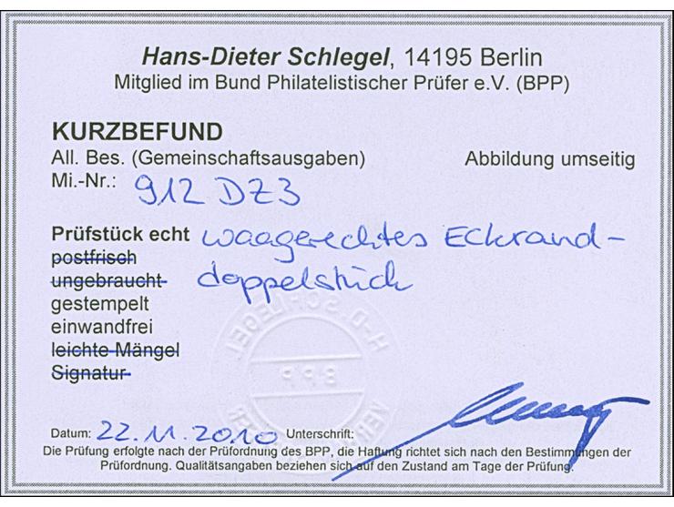 1946, Ziffern 2 Pfg., linkes unteres Eckrandpaar mit Druckerzeichen ‘großes F’, sauber gestempelt, KB H.-D. Schlegel BPP (Mi.