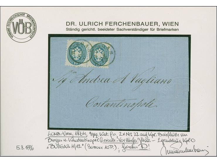 1865, Folded letter from Burgas to Constantinople bearing Lomb.-Ven. pair 10 sld. blue tied by very fine single circle ‘BURGA
