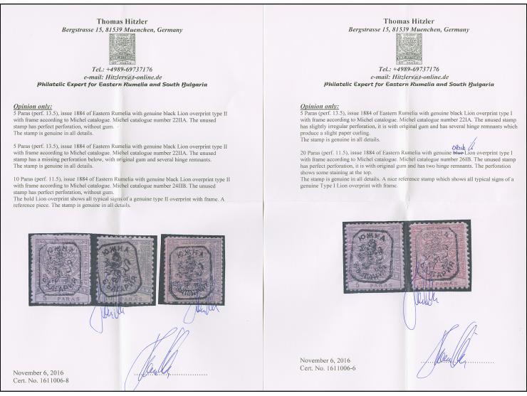 1885, 5 pa. lilac on dull lilac, 10 pa. green and 20 pa. rose, five stamps unused with Lion overprint, all with Opinion Hitzl