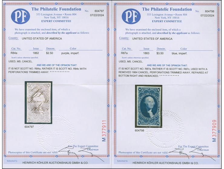 1863, Three perforated stamps Foreign Exchange, $1.90 additional $2.50 and $3.50, all with perforations trimmed away!, closed