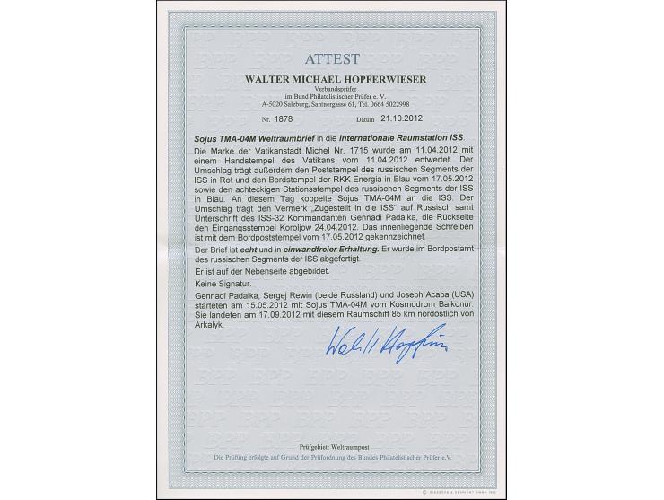 2012, ISS / Sojus TMA-04M, Brief aus dem Vatikan mit blauem Stationsstempel, rotem Segmentstempel “17 05 12”, dem Tage der Ko