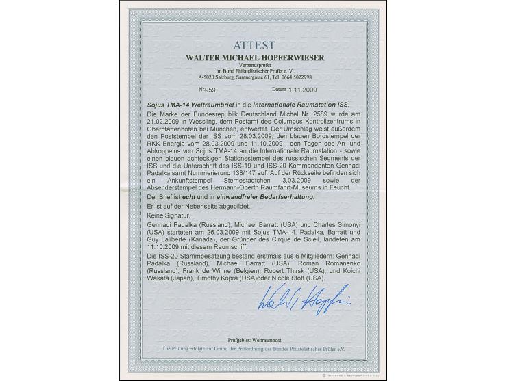 2009, ISS / Sojus TMA-14, in die ISS beförderter Brief des Hermann Oberth Museums mit Stempel der ISS vom 28.02.2009, blauem 