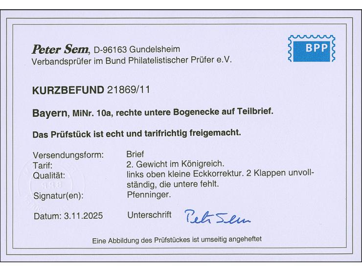 6 Kr. blau, allseits breitrandige rechte untere Bogenecke, zweiseitig mit Zwischenlinien, rechts und unten mit ca. 5/10 mm Bo