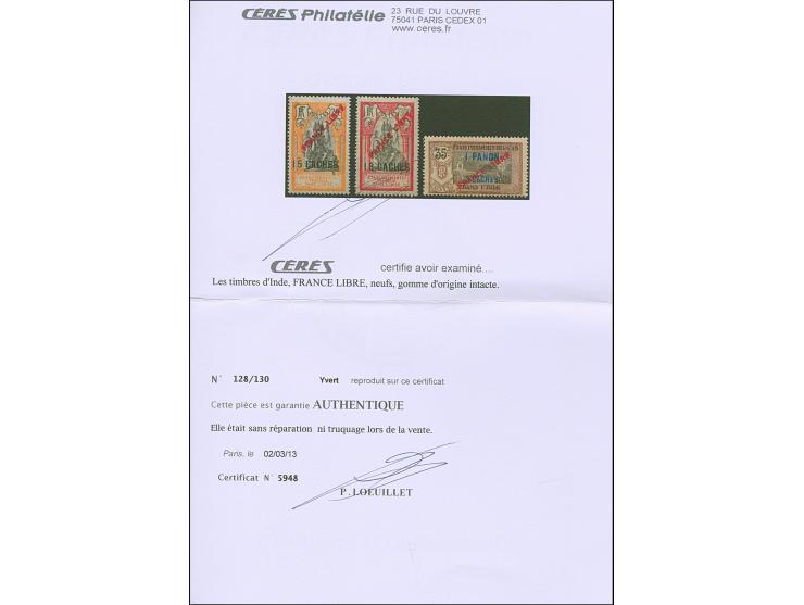1941, France Libre three overprinted values 15 ca. on 20 c. unused, other two values mint never hinged, fine set. Certificate