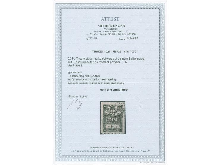 1921, Theatre Tax 20 pa. black,1337 typo surcharged, clear part cancelled Angora 8, fine and fresh. (Isfila catalogue value 1