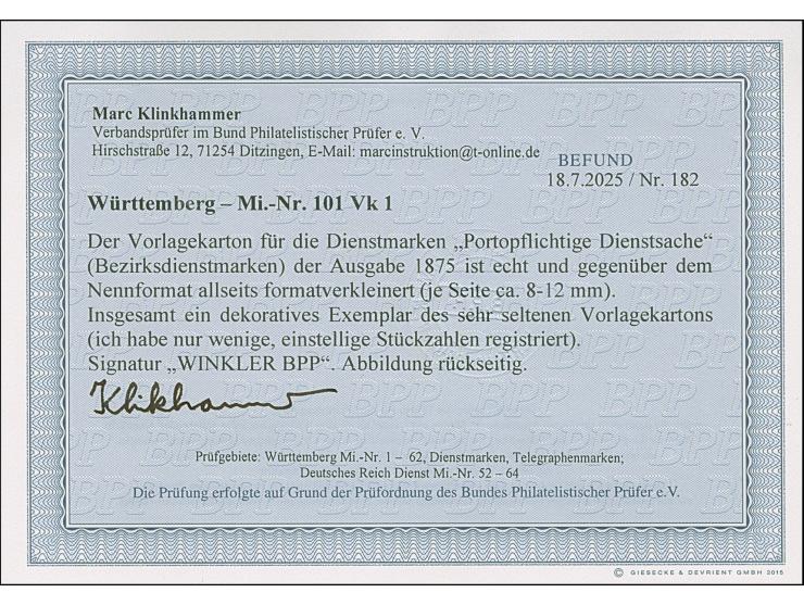 1875, Vorlagekarton ohne Werteindruck, formatverkleinert (ca. 35:37 mm), sonst einwandfrei. Äußerst selten. Fotobefund Klinkh