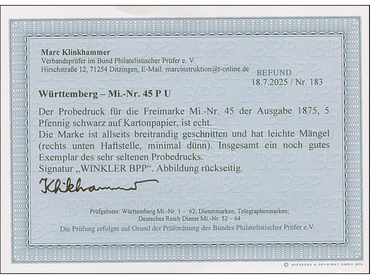 1875, 5 Pfg., Einzelabzug in schwarz auf ungummiertem Kartonpapier, allseits breitrandig, rechts unten kleine Haftstelle und 