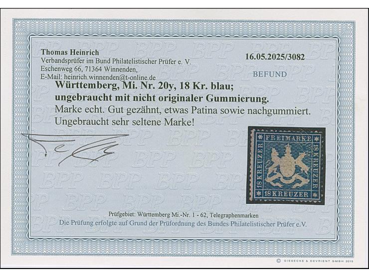 1861,18 Kr. blau, farbfrisch und gut gezähnt, ungebraucht mit nicht originalem Gummi; sonst bis auf minimale Patina einwandfr