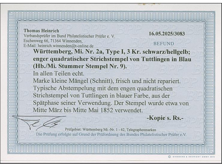 Tuttlingen, enger quadratischer Strichstempel, praktisch komplett abgeschlagen auf 3 Kr. auf hellgelb, teils berührt. Fotobef