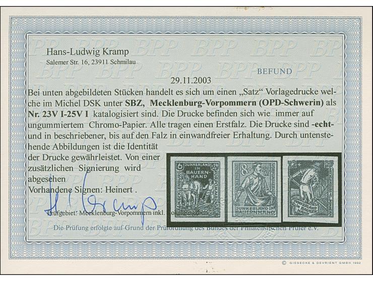 1945, Bodenreform 6 – 12 Pfg., ungezähnte Vorlagedrucke auf Chromopapier, ungummiert, tadellos. Private Signatur und Fotobefu