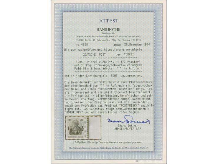 1½ Pia. auf 30 Pfg. mit Aufdruckfehler „Fußstrich sowie Anstrich der großen 1 der linken Wertangabe „1 ½“ abgebrochen“, postf