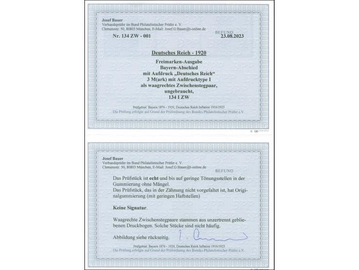 1920, Bayern-Abschied 3 M. grautürkis Aufdrucktype I, waagerechtes Zwischenstegpaar aus unzertrennt gebliebenen Druckbogen, u