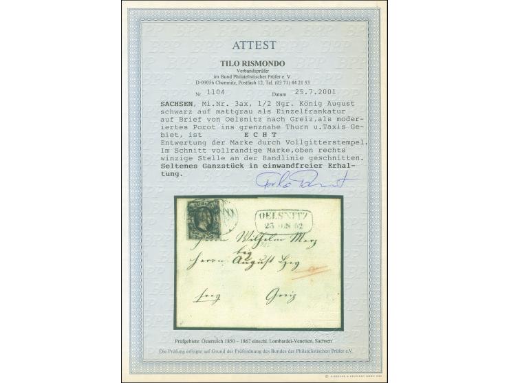 1851/55, Friedrich August 1/2 Ngr. auf mattgrau, kleines Format auf dünnem Papier, oben rechts winzig an Randlinie geschnitte