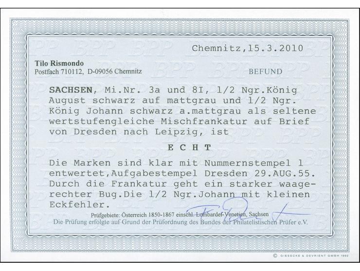 ½ Ngr.auf mattgrau in wertstufengleicher Mischfrankatur mit 1855, Johann ½ Ngr. auf mattgrau, mit jeweils sauber aufgesetzter