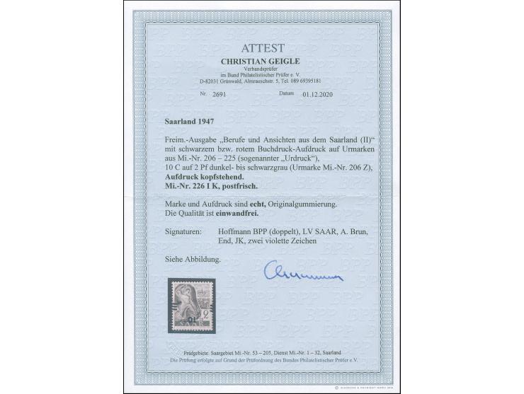 Urdruck 10 C. auf 2 Pfg., kopfstehender Aufdruck, postfrisch, einwandfrei. Mehrfach signiert, Fotoattest Geigle BPP (2020)(Mi