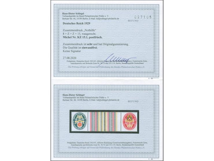 1929, Nothilfe 8*Z+Z+15, waagerechter Zusammendruck, postfrisch, einwandfrei. Unsigniert, Fotobefund H.-D. Schlegel BPP (2020