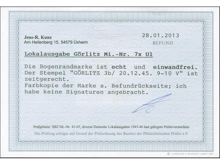 1945, Stadtwappen mit Spargummi 8 Pfg., links ungezähnt, sauber gestempelt. Fotobefund Kunz BPP (2013) (Mi. 450,-)