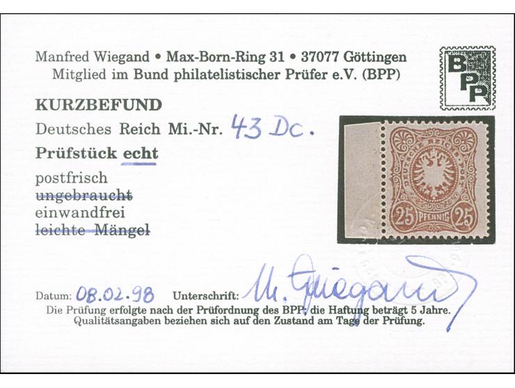 25 Pfg. orangebraun, verbreitetes Format, linkes Randstück, postfrisch, einwandfrei, Kurzbefund Wiegand BPP (1998)