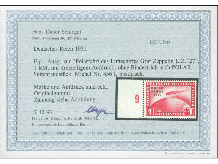 1931, Polarfahrt 1M. ohne Bindestrich, rechtes Randstück, postfrisch, Fotobefund H.-D.. Schllegel BPP &nbsp;(1996)