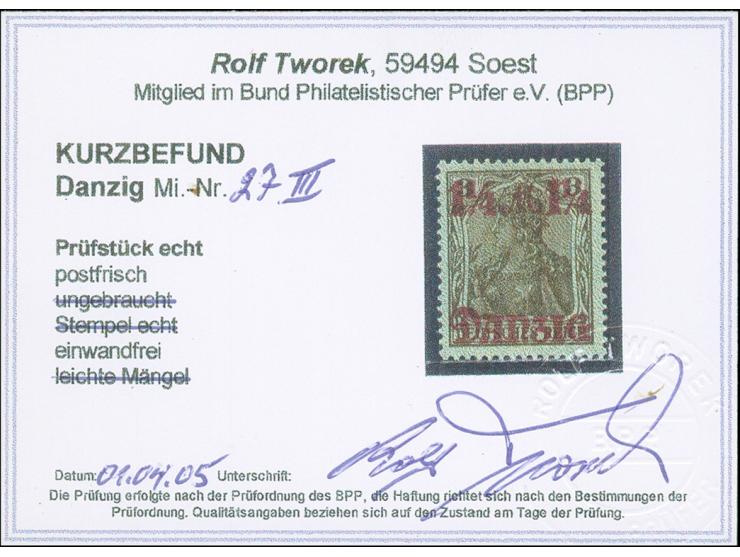 1920, Netzunterdruck hellgrüngrau, Spitzen nach oben, 1¼ M. mit doppeltem Unterdruck, postfrisch, einwandfrei. Kurzbefund Two