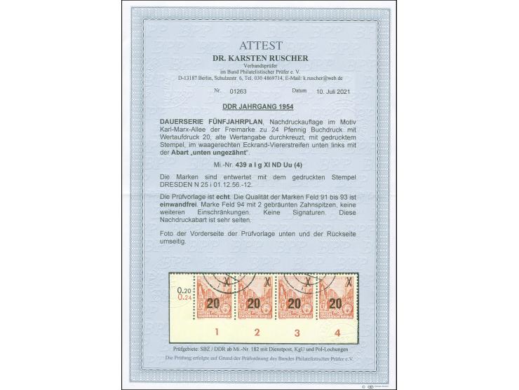 1954, Fünfjahresplan Neudruck 20 auf 24 Pfg. Buchdruck, &nbsp;Viererstreifen aus der linken unteren Bogenecke, unten und gezä