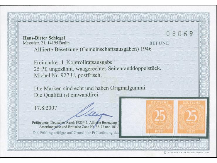 1946, Ziffern 25 Pfennig ungezähnt, waagerechtes Paar vom linken Bogenrand, postfrisch, einwandfrei. Fotobefund H.-D. Schlege