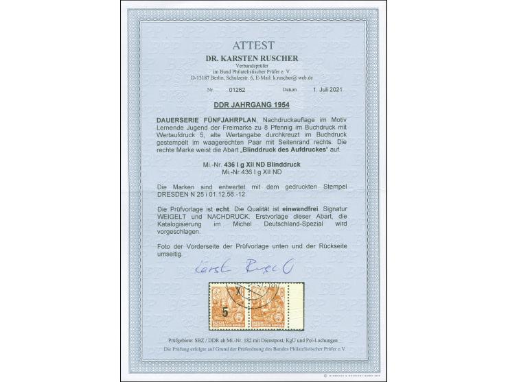 1954, Fünfjahresplan Neudruck 5 auf 8 Pfg. im waagerechten Paar vom rechten Bogenrand, dabei die rechte Marke ohne sichtbaren