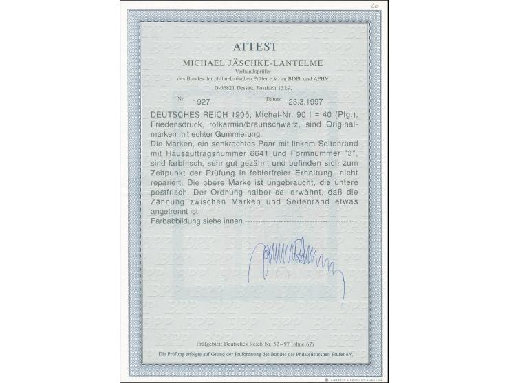 1905, Germania 40 Pfg im Friedensdruck, senkrechtes Paar vom linken Seitenrand mit HAN H 6641, obere Marke ungebraucht, die u