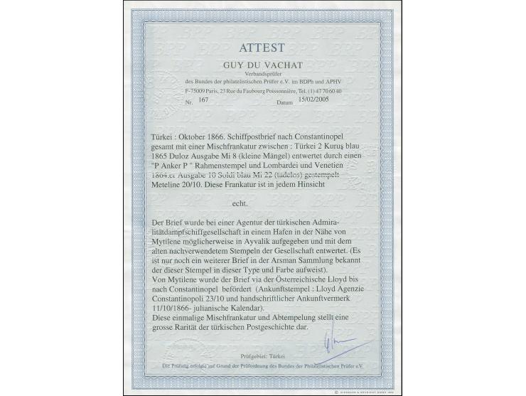 1866, Ship mail: folded envelope from Aivali to Constantinople. Turkey Duloz issue 2 pia. blue tied by boxed ‘P.P. (Anchor)’ 