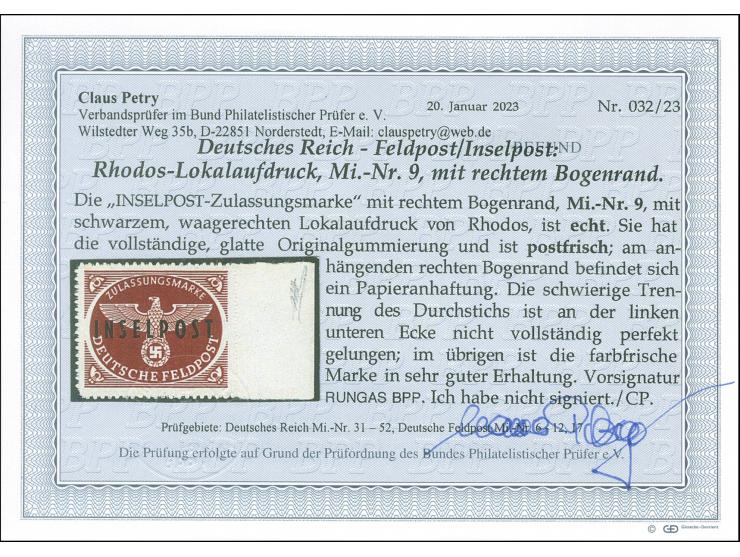 1944, Rhodos schwarzbräunlichrot, rechtes Randstück, farbfrisch, postfrisch, Falzspur im Rand, bis auf einen kleinen Trennung