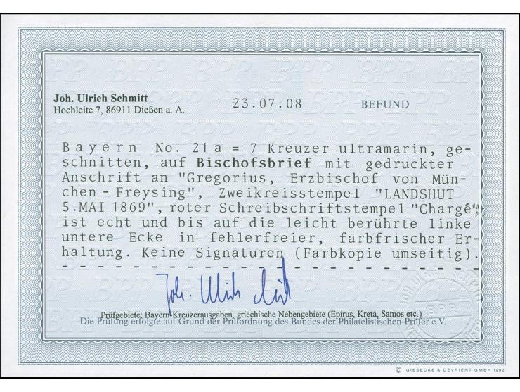 7 Kreuzer ultramarin, links unten etwas berührt, sonst voll- bis breitrandig, mit DKr. "LANDSHUT 5 Mai 1869" und nebengesetzt