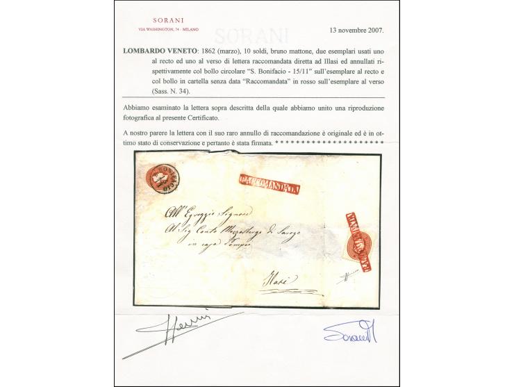 "S.BONIFACIO 15/11", EKr., auf 1861,10 Soldi, auf recommandierter Briefhülle, rückseitig frankiert mit gleicher Marke, entwer