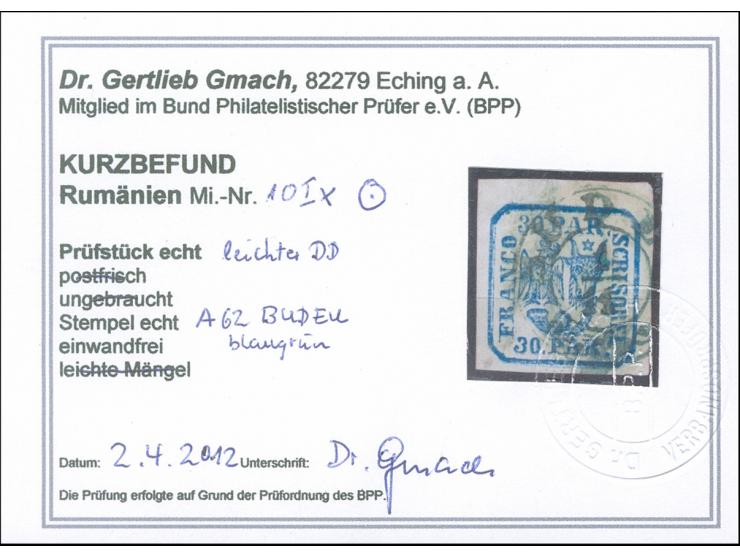 1862, 30 par. blue with part double printing, full to wide margins, clear cancelled “BUDEU 1/11,” Cert. Dr. Gmach BPP (2012).