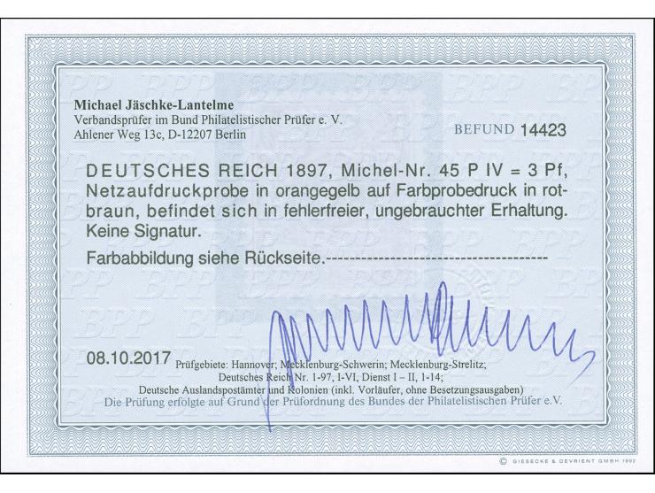 1889/1900, Krone/Adler, Netzprobe 3 Pfennig rotbraun auf dunkelorange, ungebraucht, Fotobefund Jäschke-L. BPP (2017)