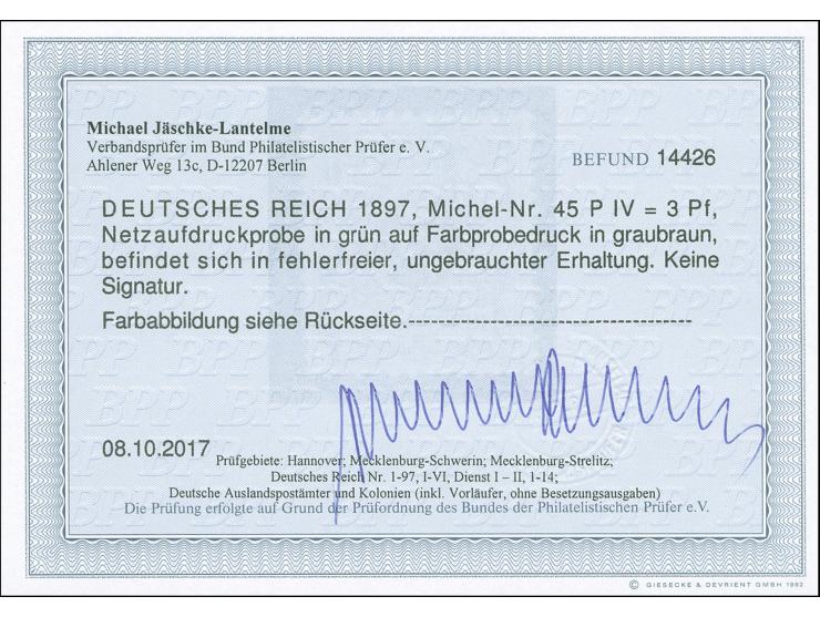1889/1900, Krone/Adler, Netzprobe 3 Pfennig hellbraun auf grün, ungebraucht, Fotobefund Jäschke-L. BPP (2017)