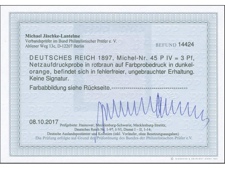 1889/1900, Krone/Adler, Netzprobe 3 Pfennig orangegelb auf rotbraun, ungebraucht, Fotobefund Jäschke-L. BPP (2017)
