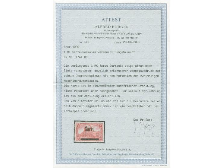 1920, Germania 1 M., mit Doppelaufdruck, farbfrisch, postfrisch, links Zahnverkürzungen sowie oben ein winziger Zahnlochspalt