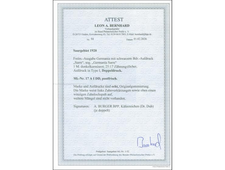 1920, Germania 1 M., mit Doppelaufdruck, farbfrisch, postfrisch, links Zahnverkürzungen sowie oben ein winziger Zahnlochspalt