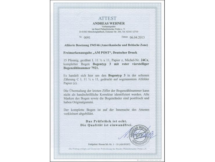 AM POST 15 Pfg. karminrot, gez. 11½:11, Papier z, kompletter Bogen mit roter vierstelliger Bogenzählnummer 7921, die letzte Z