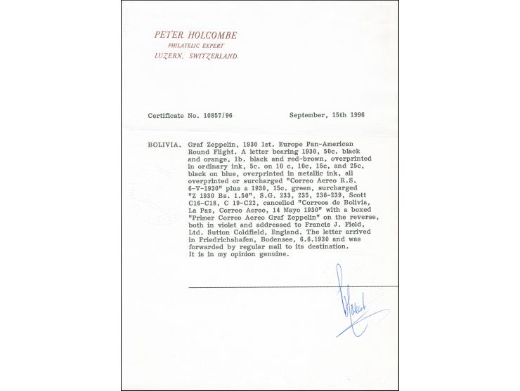 1930, Südamerikafahrt: Bolivien-Post: Brief mit Zeppelin 1,50 Bol. sowie den Sonderflugmarken 5 Cts. auf 10 C.-1 Bol., dabei 