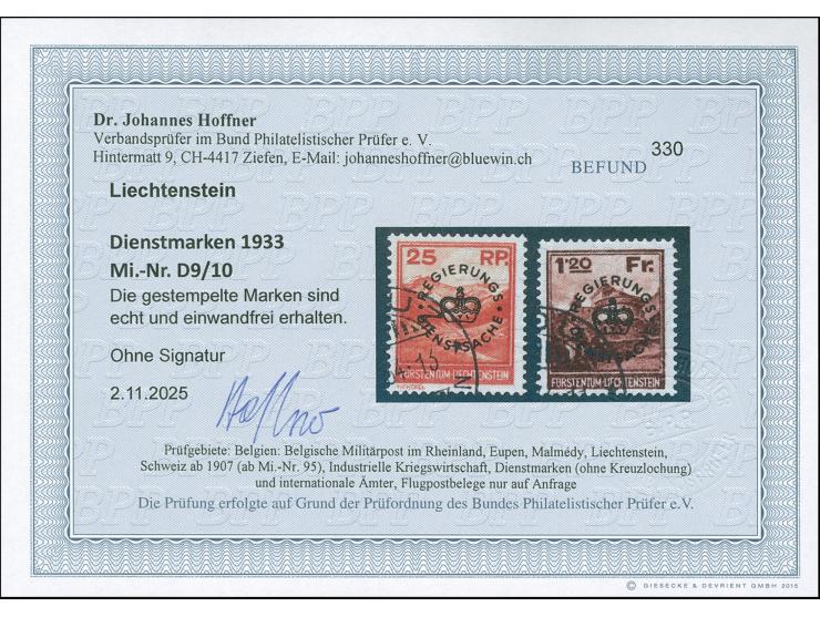 1933, Landschaften 25 Rp. und 1,20 Fr. kpl., sauber gestempelt, Befund Hoffner BPP (2025)