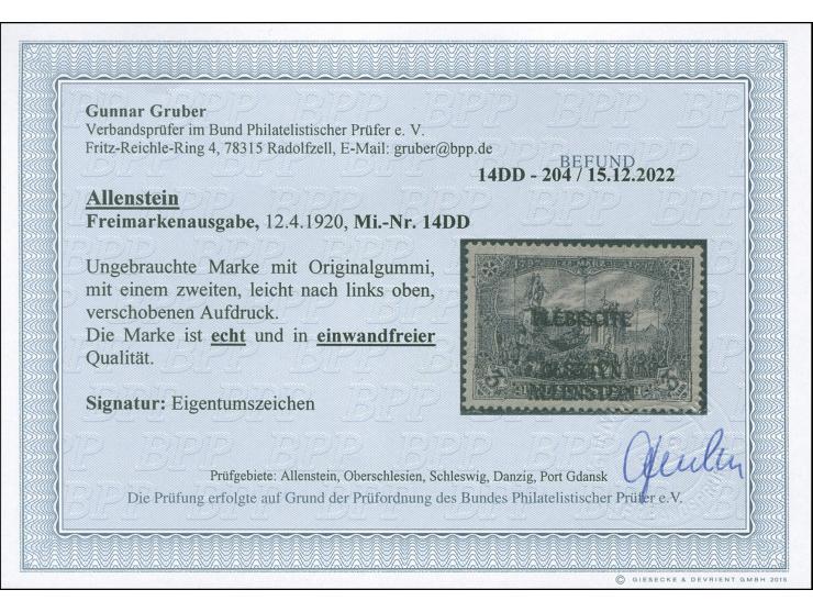 1920, Aufdruckausgabe Germania 3 M. schwarzviolettgrau, Doppelaufdruck, ungebraucht, tadellos, rückseitiges Eigentumszeichen,