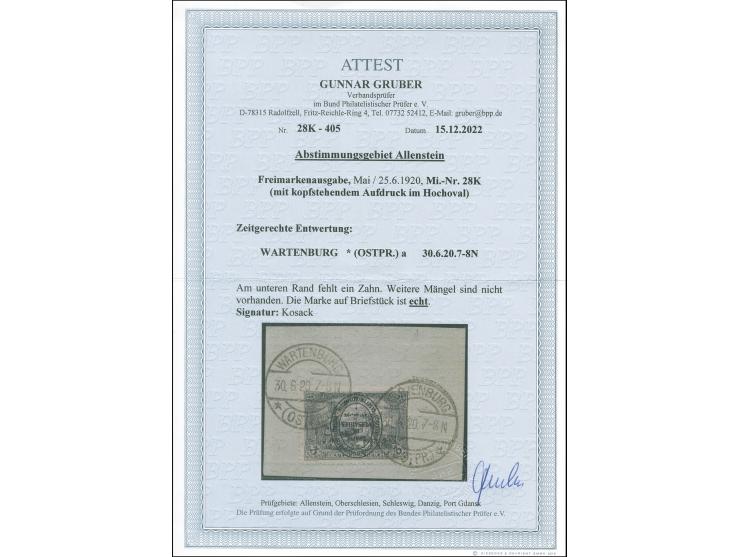 1920, Aufdruckausgabe im Hochoval 3 M. schwarzviolettgrau mit kopfstehendem Aufdruck, sauber gestempelt auf Briefstück, ein f