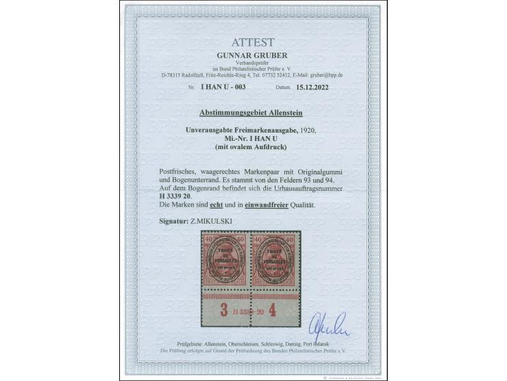 1920, Unverausgabte 10 Pfg. lebhaftrotkarmin, im waagerechten Unterrandpaar mit Ur-HAN “H 3339.20”, postfrisch, tadellos, sig