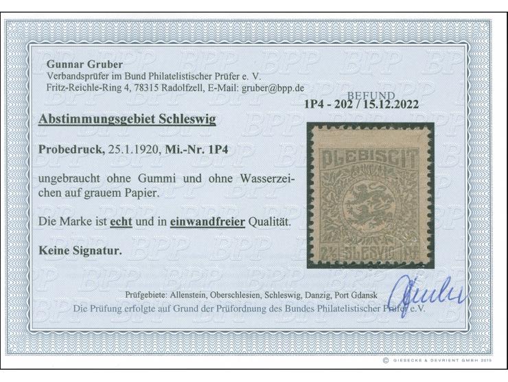 1920, Wappen 2 ½ Pfg. dunkelolivgrau, Probedruck auf grauem Papier ohne Wasserzeichen, ungebraucht ohne Gummi, tadellos, Foto