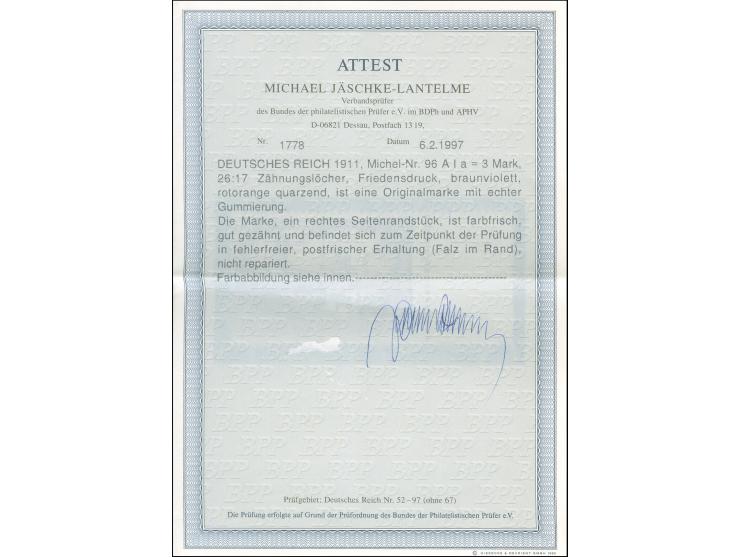 1905/12, Germania 3 M. schwarzviolett, rotorange quarzend, farbfrisch und gut gezähnt, rechtes Seitenrandstück, postfrisch, F